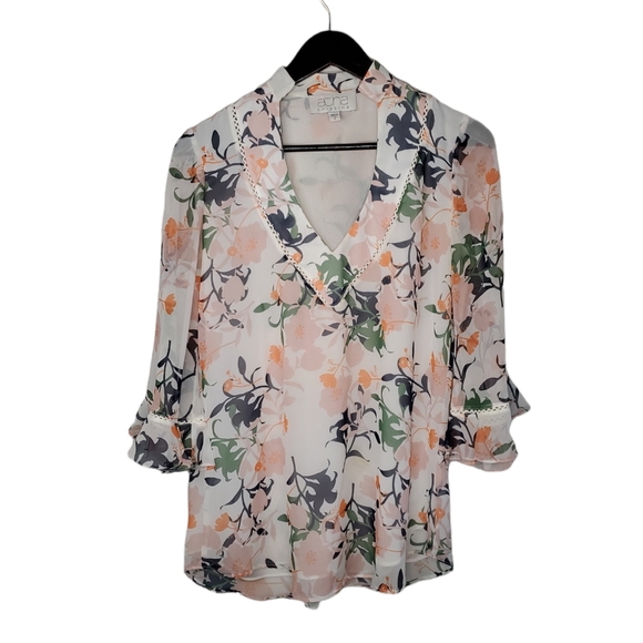 atina cristina Tops - ATINA CRISTINA Floral V-Neck Sheer Flared Sleeve Blouse